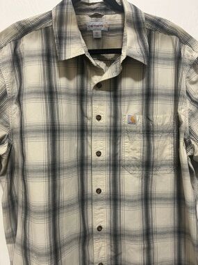 Carhartt Men's Cream and Black Plaid Button-Down Shirt